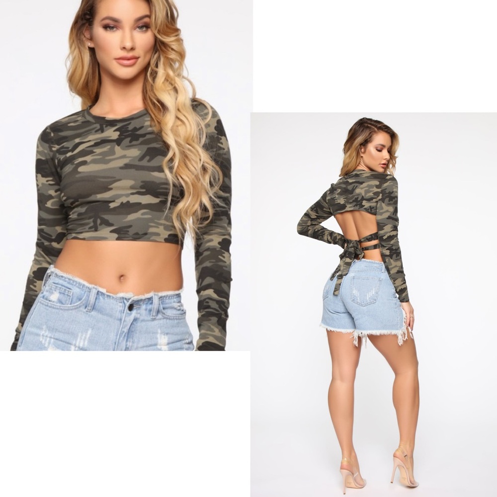 FASHION NOVA NWT Long Sleeve Come And Find Me Camo Tie Back Crop Top *Olive 2X
